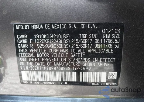 2024 Honda Hr-V 2Wd Ex-L/2Wd Ex-L W/O Bsi z USA, uszkodzony, nr VIN 3CZRZ1H70RM738969